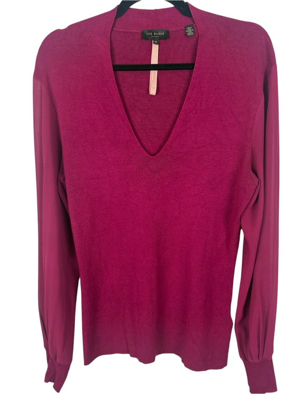 Ted Baker London Bryanna Sheer Mixed Media Knit Sweater Top Magenta Sz 4 / XL